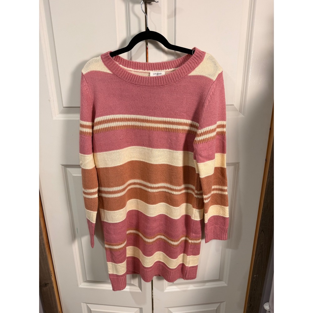 Umgee USA Womens Medium Pink Cream Striped Knit Sweater Dress Long Sleeve Small